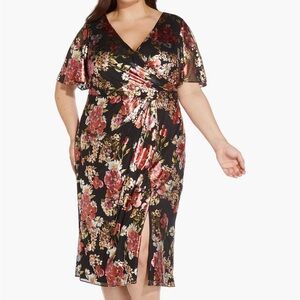 Adrianna Papell Draped Floral Faux Wrap Midi Dress